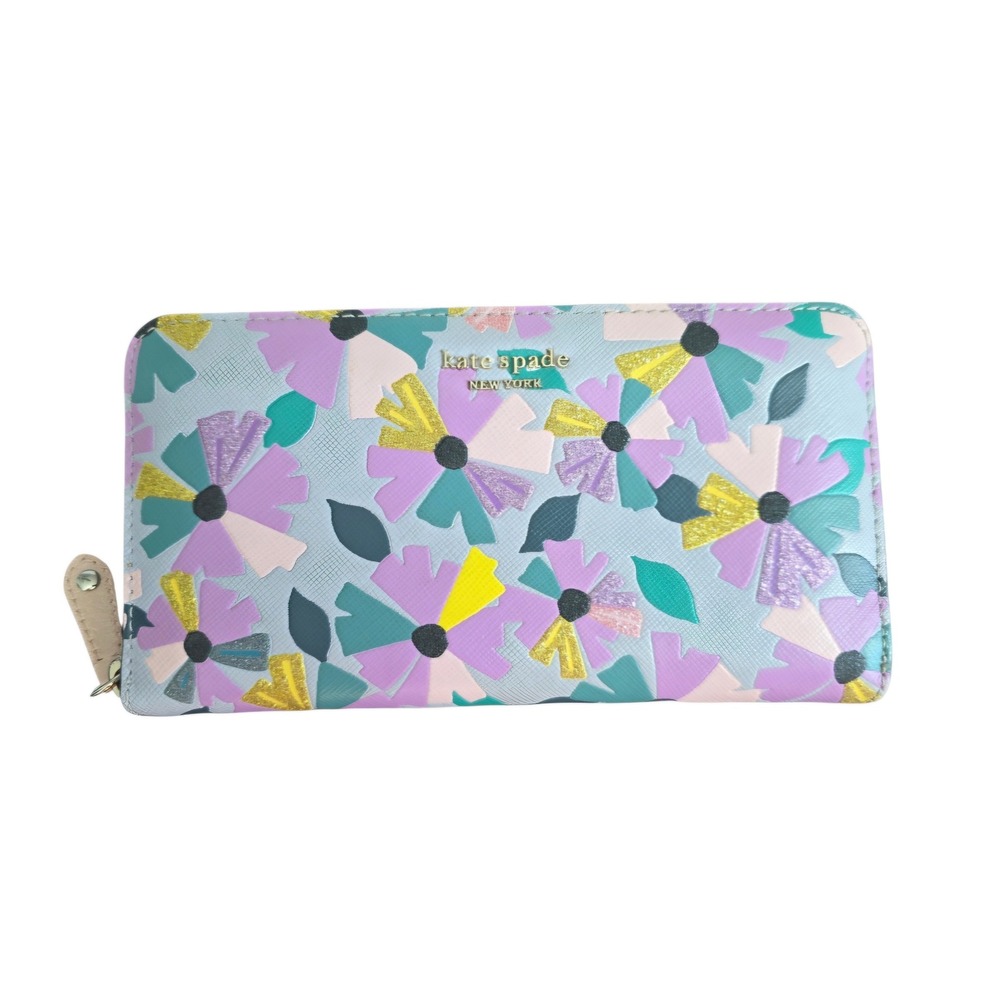 Kate Spade Spencer Glitter Western Floral Zip-Around Continental Wallet EUC